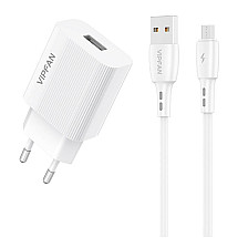 Mains charger Vipfan E01, 1x USB, 2.4A + Micro USB cable (white)