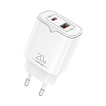 Network charger Vipfan E08, USB + USB-C, 20W PD + QC 3.0 (white)