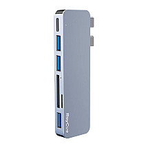 Hub 6w2 RayCue 2x USB-C do Thunderbolt 3 + 3x USB-A 3.0 5Gbps + SD/TF 2.0 (szary)