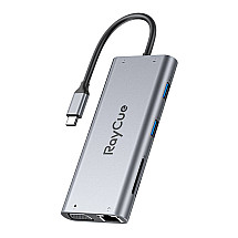 Hub 11w1 RayCue USB-C do 2x USB-A 2.0 480Mbps + 3x USB-A 3.2 5Gbps + SD/TF 3.0 + HDMI 4K30Hz + VGA 1080p + RJ45 + PD 3.0 100W (sary)