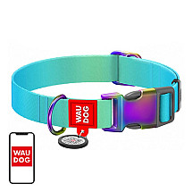 Nylon collar with QR code for Waudog gradient dog, blue , size L