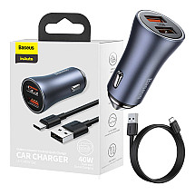 Baseus Golden Contactor Pro car charger, 2x USB, 40W + cable USB to USB-C 1m (gray)