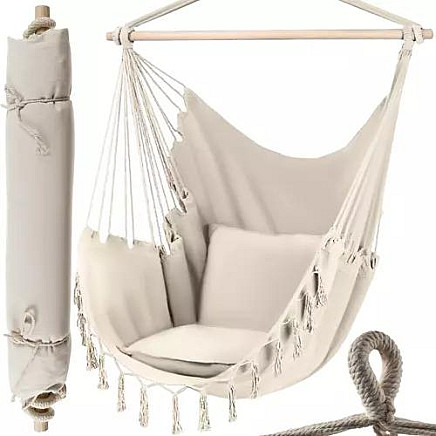 Relaxing Brazilian Style Cotton-Polyester Hammock Chair with Comfortable Pillows & Durable Wooden Bar, Suitable for Indoor and Outdoor Use