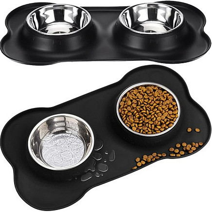 2-in-1 Stainless Steel Pet Bowl Set with Anti-Spill Silicone Stand for Dogs and Cats, 900ml Combined Capacity