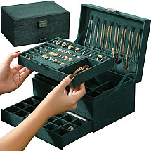 Elegant Vintage Green Jewelery Organizer Box with Lock - Spacious Durable Storage for Rings, Necklaces, Watches and Earrings