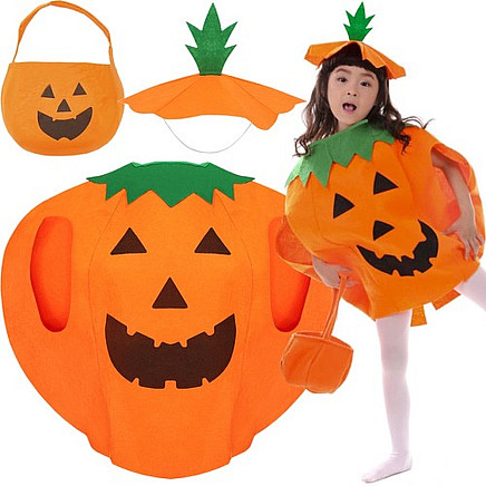 3-Piece Kid-Friendly Halloween Pumpkin Costume Set with Comfortable Vest, Novelty Hat, and Treat Bag in Vibrant Orange