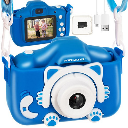 Blue Multifunctional Kids Selfie Camera with Full HD Recording, Built-in Games, Cat Overlay & 32GB SD Card - Fun & Creative Experience for Ages 3+