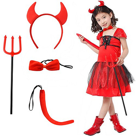 4-Piece Universal Size Devil Costume Kit - Includes Forks, Horns, Tail and Bow Tie - Fun for All Ages, Gender Neutral Devil Disguise