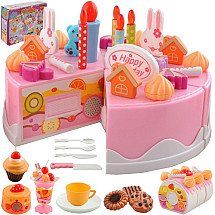 Kids Birthday Cake Pretend Play Set - 75-Piece Tea Party with Cutting Velcro Cake & Light-Up Candle