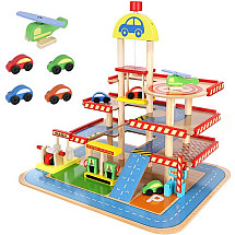 27-Piece Wooden Garage Playset - Child-Safe Realistic Toy Parking Lot for Toddlers with Vehicles