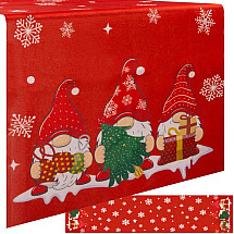 Festive Red Christmas Table Runner with Decorative Snowflake and Star Prints Featuring Cozy Dwarfs - 180x40cm, Easy-Clean, Polyester