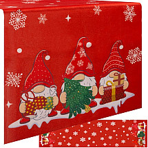 Festive Christmas Table Runner- Red Polyester 220x40cm with Snowflakes & Dwarfs Decor