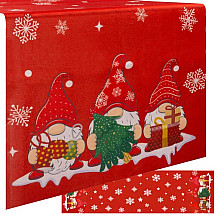 Festive Red Christmas Table Runner with Snowflake Pattern & Gift-holding Dwarfs, 150x40cm - Durable, Easy-to-Clean, Protective Table Decoration