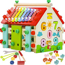 Interactive DIY Wooden Educational Toy House - Multifunctional Kids' Development Playset with Shape Sorters, Assembly Elements & Sensory Stimulation Tools