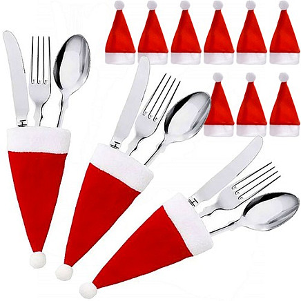 12-Piece Santa Hat Cutlery Case - Christmas Table Decorations for Home & Restaurant Use, Ideal for Large Holiday Parties