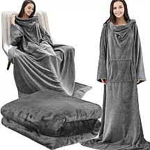 Extra-Large Unisex Gray Polyester Blanket Robe with Pockets - Cozy, Heat-Trapping, Machine Washable for Winter Comfort