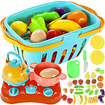 Interactive Kids Play Cooking Set with Cuttable Veggies, Fruits & Reusable Basket - Educational Toy for Motor Skill Development