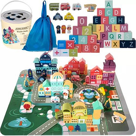 Creative City 100-Piece Wooden Block Set with Puzzle, Sorting Cover & Bag - Развивает моторику, творческие способности и логику ребенка