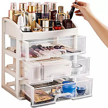 Multifunctional Clear Plastic Organizer with 3 Drawers and 6 Divided Compartments for Cosmetics, Jewelry, and Office Supplies