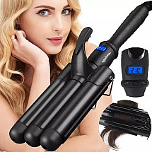 Instant Salon-style Hair Waves, Triple Barrel Curling Iron with Fast Heating, LCD Display, Adjustable Temperature Control, Swivel Cable, Ceramic Coating, Portable Protective Case