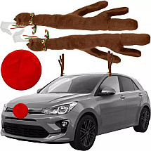 Christmas Reindeer Car Decoration Set - Easy Install Festive Horns and Nose, Durable with Bells, Red/Beige