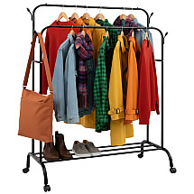 Drēbju statīvs uz riteņiem Ruhhy 27084 dubultais ar plauktu un āķiem, melns