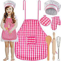 Ultimate Kids Perfect Play Kitchen Set - Complete 7-Piece Pink and White Apron Outfit with Wooden and Metal Accessories for Interactive Learning and Fun, Ideal for Ages 3+