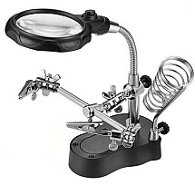 Adjustable soldering station with third arm LED with removable iron holder and double magnification loupe