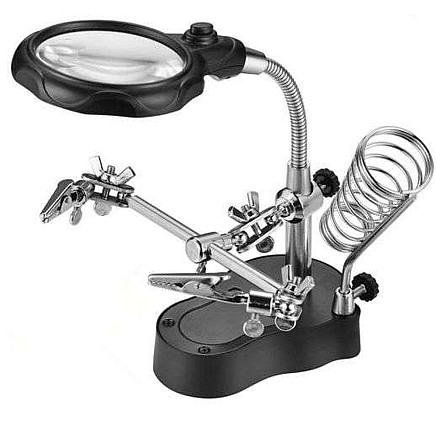 Adjustable soldering station with third arm LED with removable iron holder and double magnification loupe