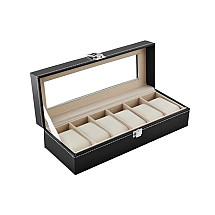 Deluxe 6-Compartment Watch & Jewelry Organizer Case - Black Scratch-Resistant Storage for Accessories with Secure Latch