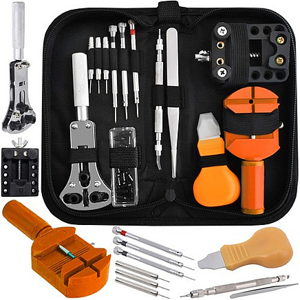 13-piece compact watch repair tool set with adjustable wrench and storage case for professional and home use