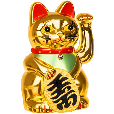 Golden Maneki-Neko Lucky Cat with Moving Paw and Chinese Character Cards - Feng Shui Symbol of Wealth and Success