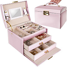 Elegant Lockable Satin Jewelry Box- 20-Compartment Luxurious Pink Organizer for Valuables