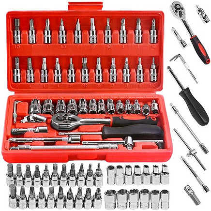 46-Piece Chrome Vanadium Steel Tool Set with Durable Carrying Case and Comprehensive Selection of Sockets and Screwdriver Bits