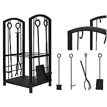 Metāla Malkas Brikešu Turētājs + Kamīna Krāšņu Piederumu Rīku Aksesuāru Komplekts 5 gab.