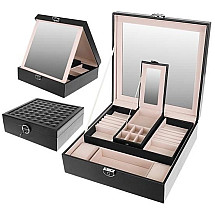 Beautylushh Luxury Jewelry Organizer Case with Lock and Mirror, Portable Removable Cassette for Travel, Soft Lined Compartments, PU Material and MDF Board - Burgundy/White/Black