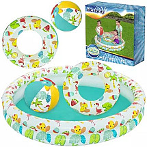 3-in-1 Inflatable Kid's Play Pool Set with Safety Valves, Fun Marine Theme Vinyl Pool including Water Ball and Swim Ring for Toddlers