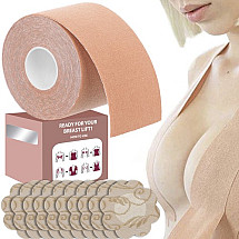 Ultimate Invisible Bust Lift Support Tape - 5M Strong Adhesive, Waterproof, Breathable, Stretchable for All Sizes with Protective Nipple Covers - Ideal for Deep Neckline & Backless Outfits