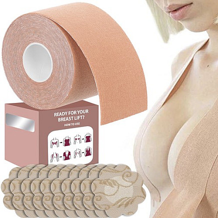 Ultimate Invisible Bust Lift Support Tape - 5M Strong Adhesive, Waterproof, Breathable, Stretchable for All Sizes with Protective Nipple Covers - Ideal for Deep Neckline & Backless Outfits