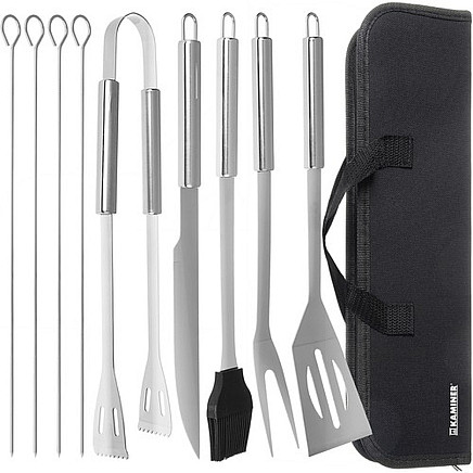 9-Piece Robust Stainless Steel BBQ Grill Tools Set with Durable Carry Case - Includes Essential Grilling Accessories: Spatula, Tongs, Skewers, Knife, Fork & Brush