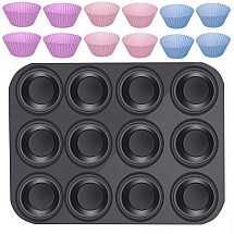 12-Cup Non-Stick Teflon Baking Tray with Reusable Silicone Muffin Molds - Dishwasher, Microwave, and Freezer Safe