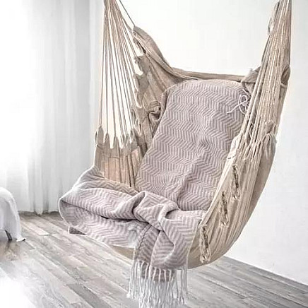 Relaxing Brazilian Style Cotton-Polyester Hammock Chair with Comfortable Pillows & Durable Wooden Bar, Suitable for Indoor and Outdoor Use