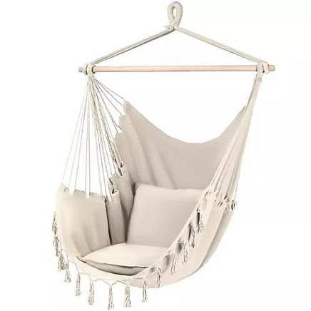 Relaxing Brazilian Style Cotton-Polyester Hammock Chair with Comfortable Pillows & Durable Wooden Bar, Suitable for Indoor and Outdoor Use