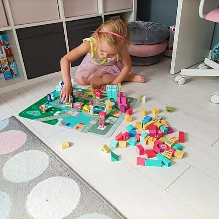 Creative City 100-Piece Wooden Block Set with Puzzle, Sorting Cover & Bag - Enhances Kids Motor Skills, Creativity and Logic