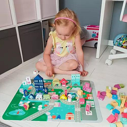 Creative City 100-Piece Wooden Block Set with Puzzle, Sorting Cover & Bag - Enhances Kids Motor Skills, Creativity and Logic