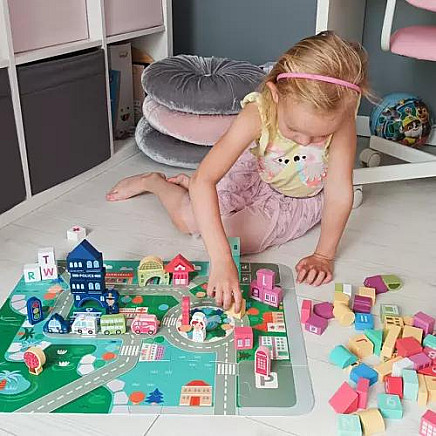 Creative City 100-Piece Wooden Block Set with Puzzle, Sorting Cover & Bag - Enhances Kids Motor Skills, Creativity and Logic