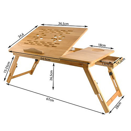 Klēpjdatora laptopa 17 bambusa galds, brokastu, koka galdiņš, 67 x 28 x 26,5 cm