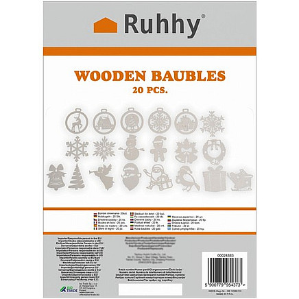 Neplīstoši koka Ziemassvētku rotājumi 20 gab., Ruhhy, balti