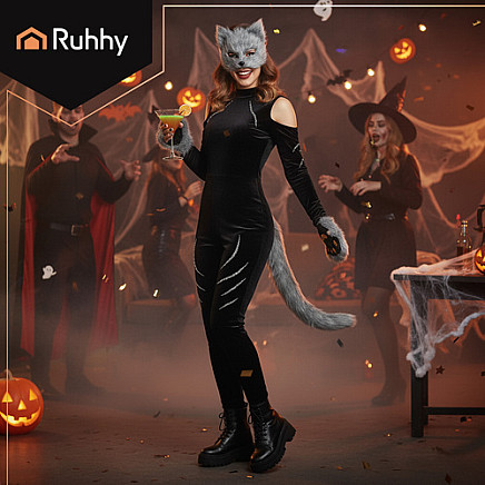 4-piece cat/fox costume, gray, Ruhhy 26247