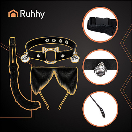 3-piece cat/fox costume, black, Ruhhy 26587